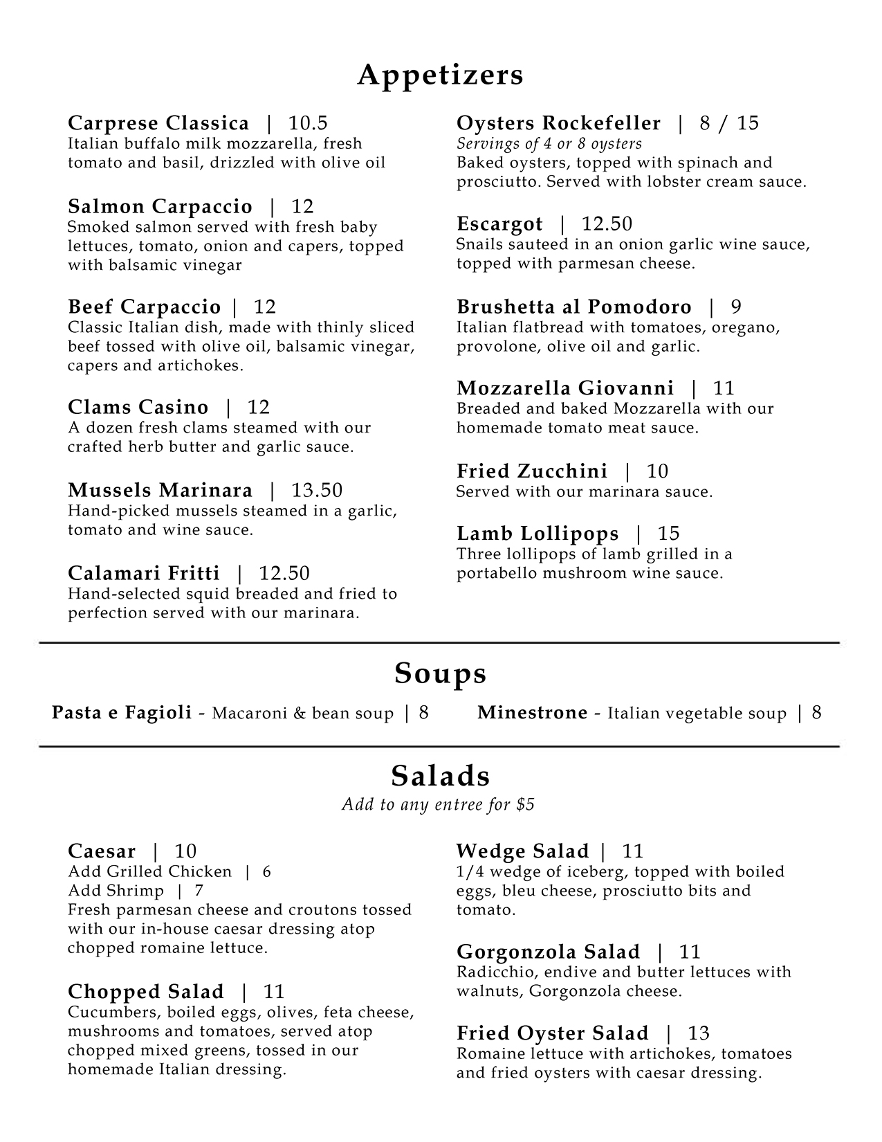 Menu Giovannis Italian Restaurant