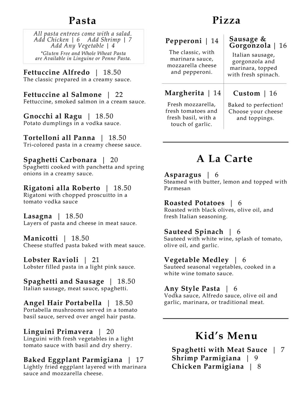 Menu Giovanni’s Italian Restaurant